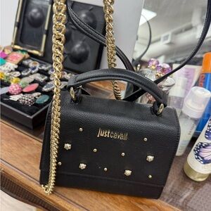 Just Cavalli Black Leather Mini Top-Handle Satchel with Gold Accents
